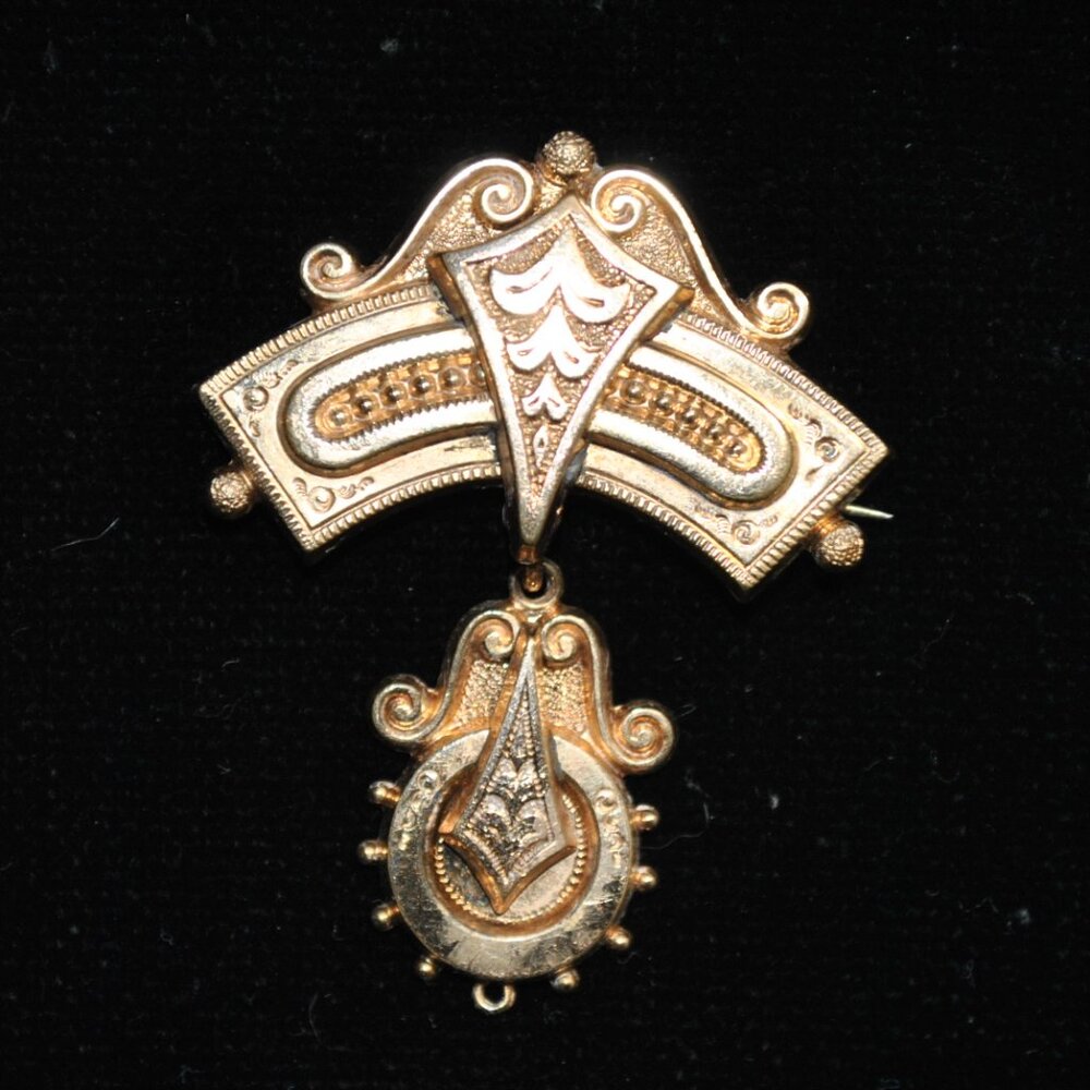 Antique Victorian Engraved Gold-filled Brooch with Dangling Attachment